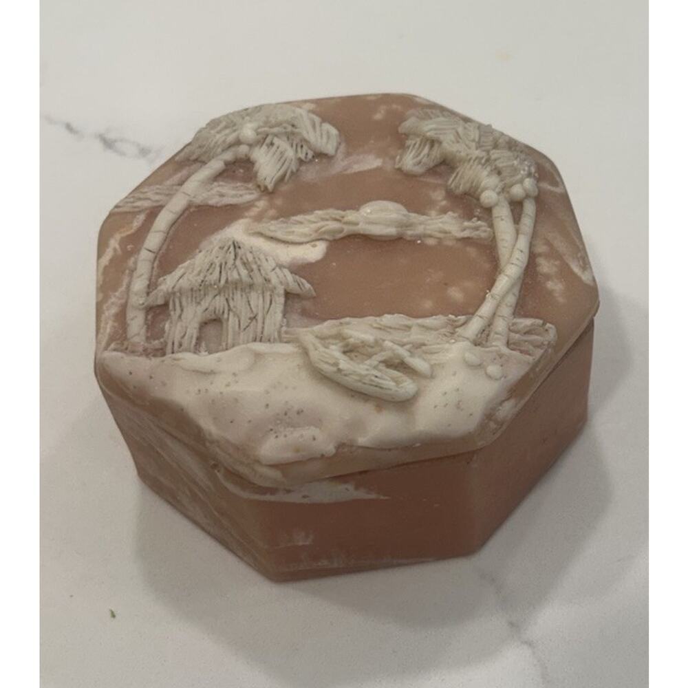 Vintage Small INCOLAY BOX Pink 4” Octagon Stone Beach Tiki Hut Palm Tree Sand